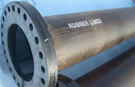 Rubber lined steel pipe used for fluid transfer in chemical, mining, and wastewater industries. Keywords: rubber lined pipe, industrial rubber lining, chemical resistant pipe, slurry pipe lining, rubber coated pipe